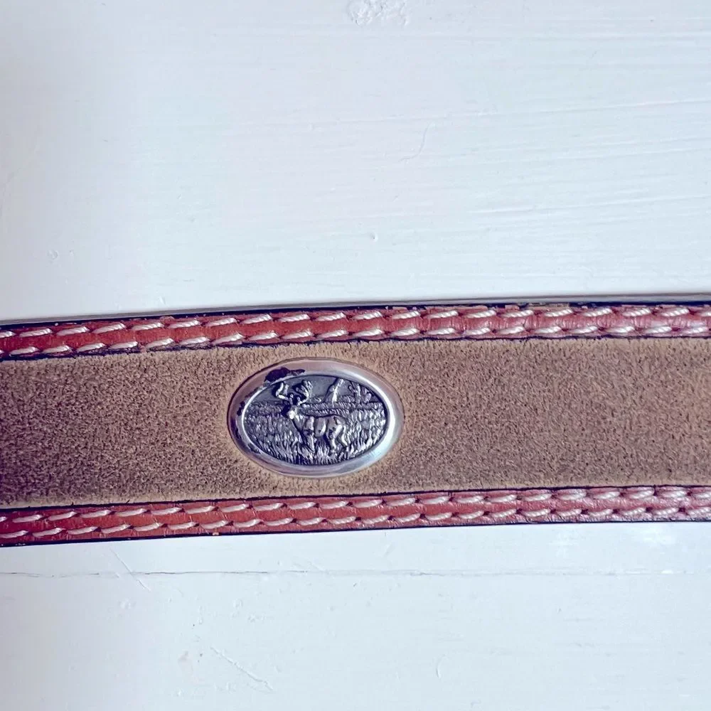 Men’s Leather & Suede Size 42 Handtooled Belt Silver Buck Medallion Accents